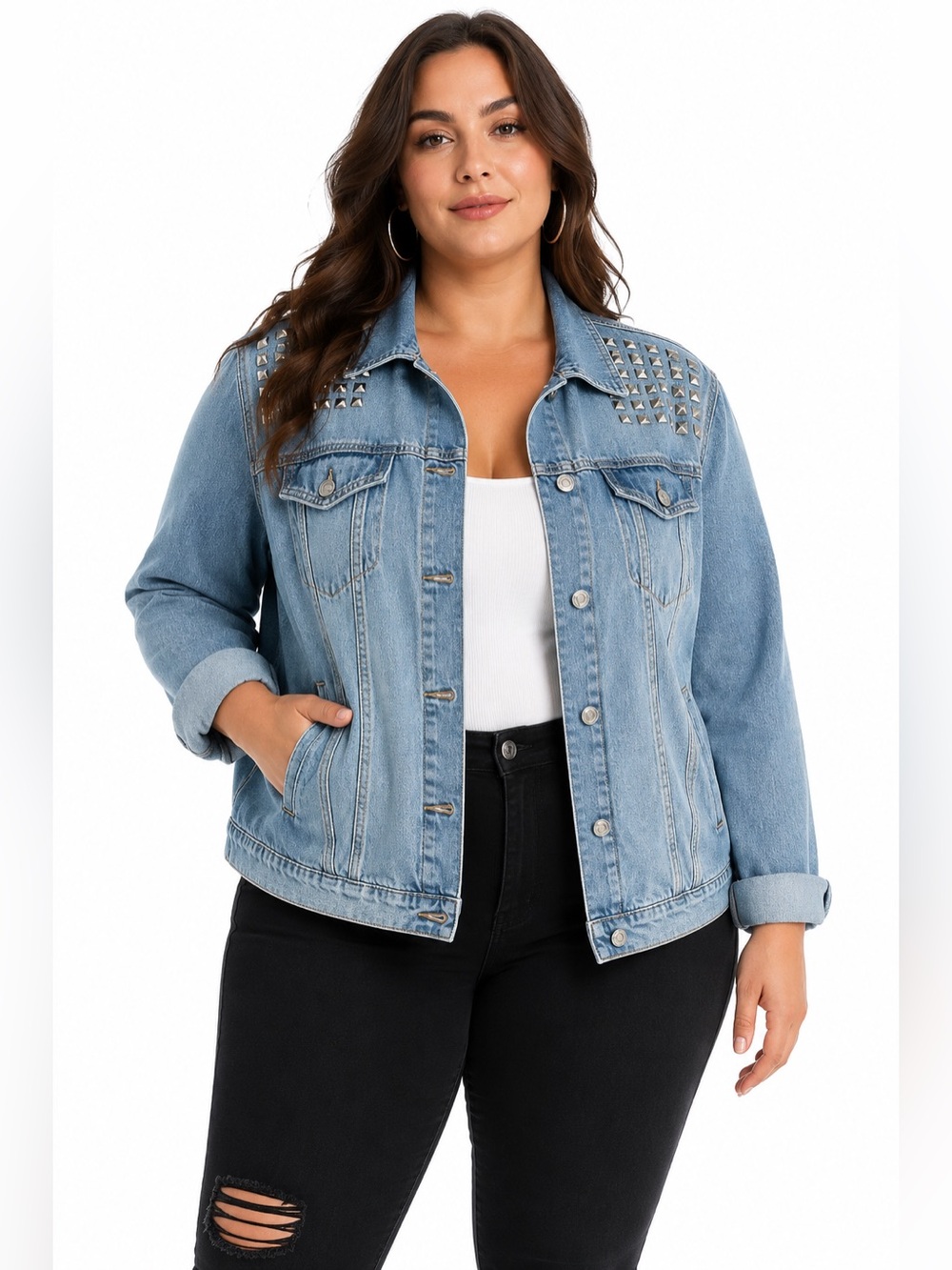 Torrid Studded Denim Jacket Size 4 Plus‎ Light Wash Cotton Trucker Western Moto